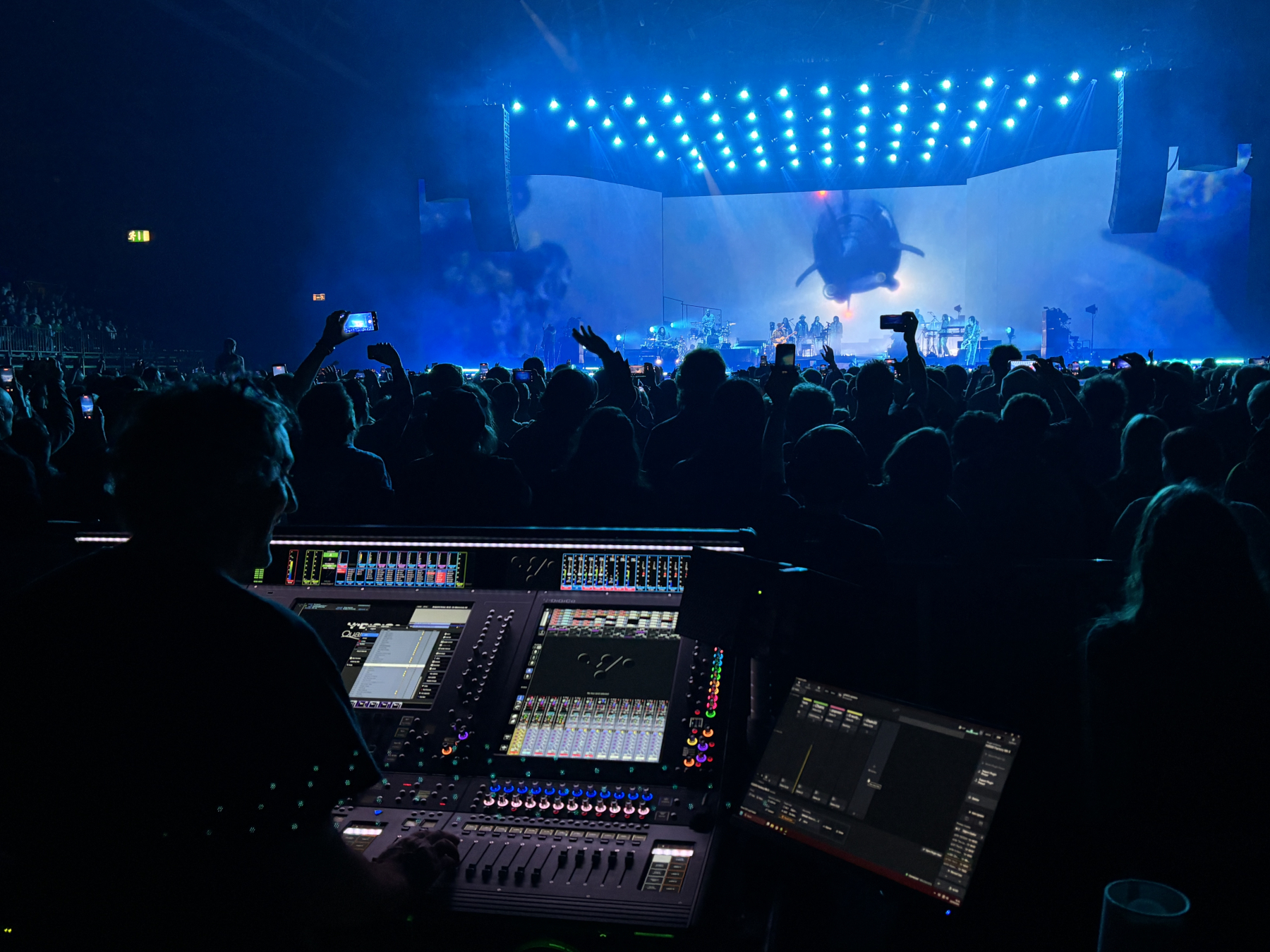 A Quantum 852 console at Front of House to mix a Gorillaz concert