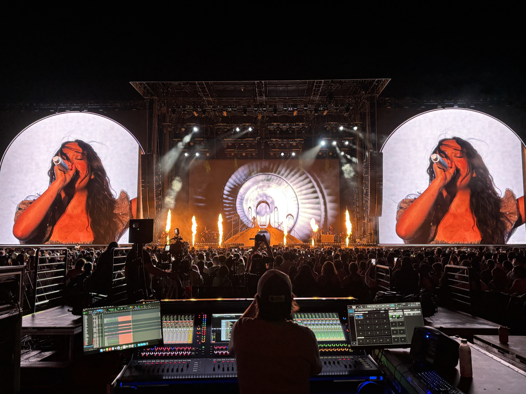 Sound engineer mixing a Laufey concert on a DiGiCo Quantum 338 console and Quantum 5 console 